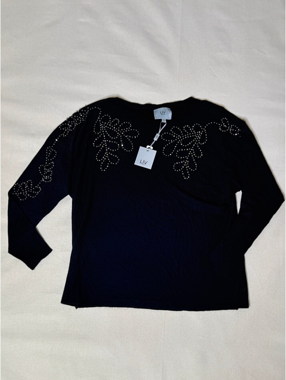 LIV Milano Black Rhinestone Floral Sweater M NWT Embellished Yummy Knit